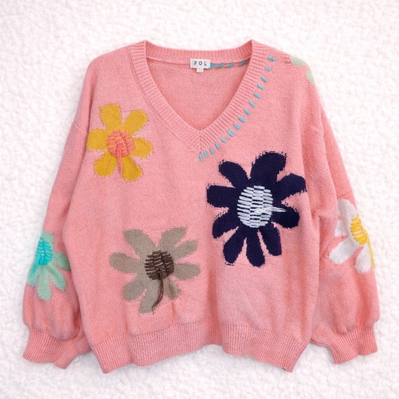POL Sweaters - POL Oversized Pink Daisy Sweater V-Neck Floral Knit Retro Boho Cottagecore L